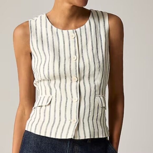 J.Crew Crewneck Vest – Striped Linen – Beige – Size 4 – NWT - Picture 2 of 5